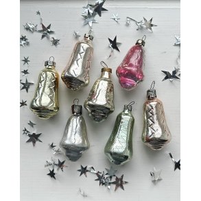 Vintage Christmas ornaments, metallic bells, set of 7