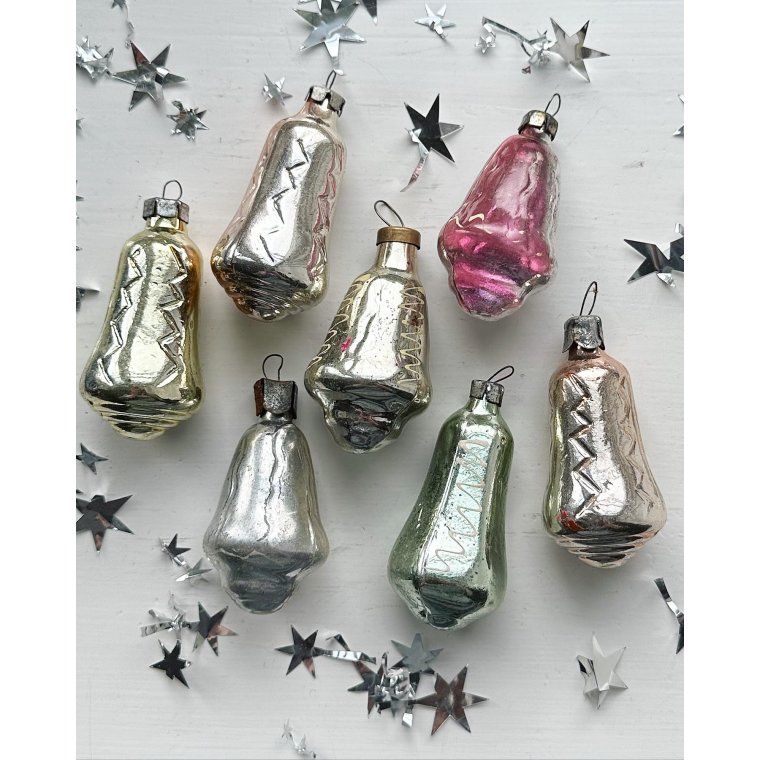 Vintage julekugler, metalliske klokker, 7 stk samlet