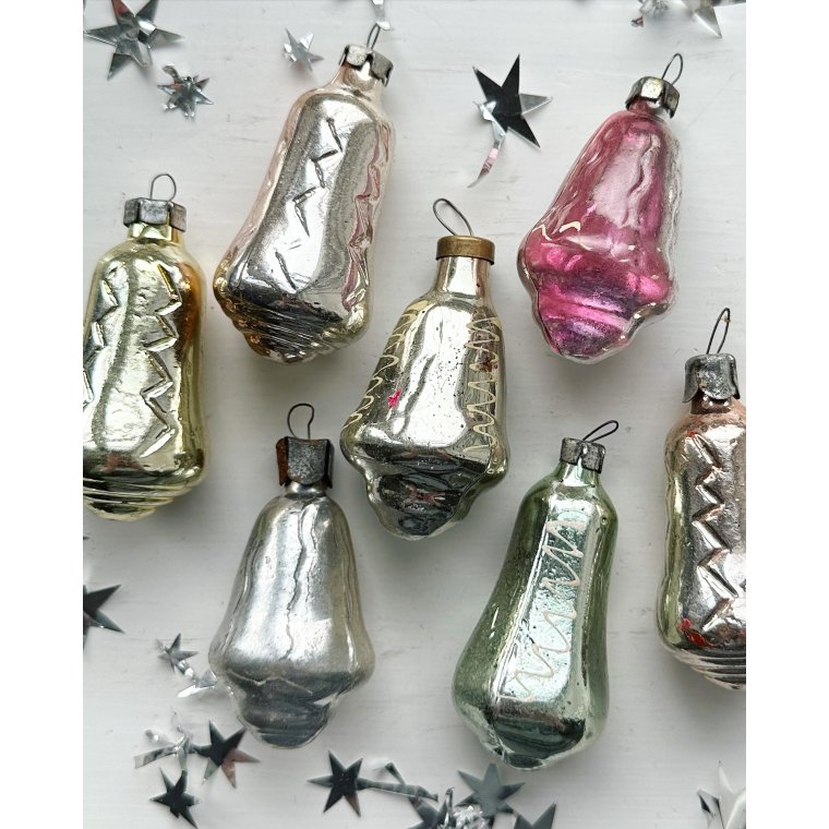Vintage julekugler, metalliske klokker, 7 stk samlet