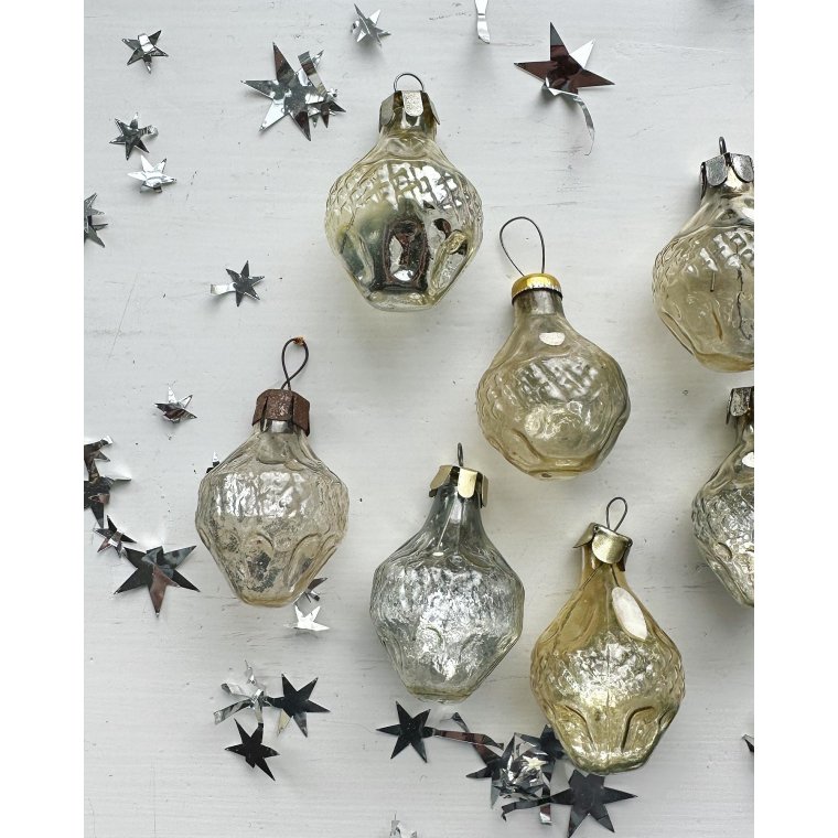 Vintage julekugler, gyldne minilanterner, 7 stk samlet