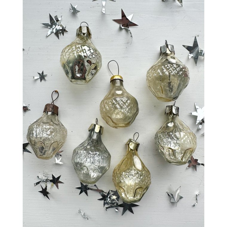 Vintage julekugler, gyldne minilanterner, 7 stk samlet