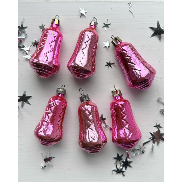 Vintage julekugler, pink klokker, 6 stk samlet