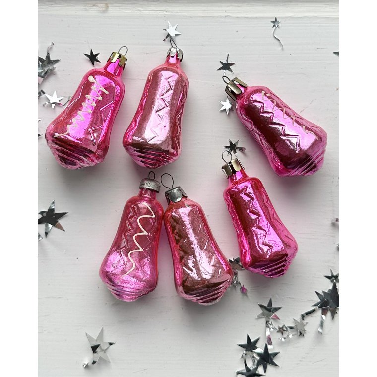 Vintage julekugler, pink klokker, 6 stk samlet