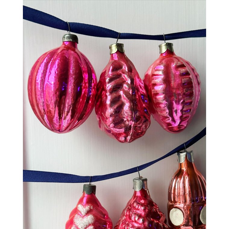 Vintage julekugler, store pink ornamenter, 6 stk samlet