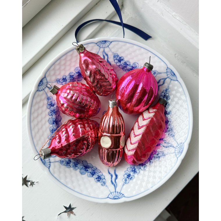 Vintage julekugler, store pink ornamenter, 6 stk samlet