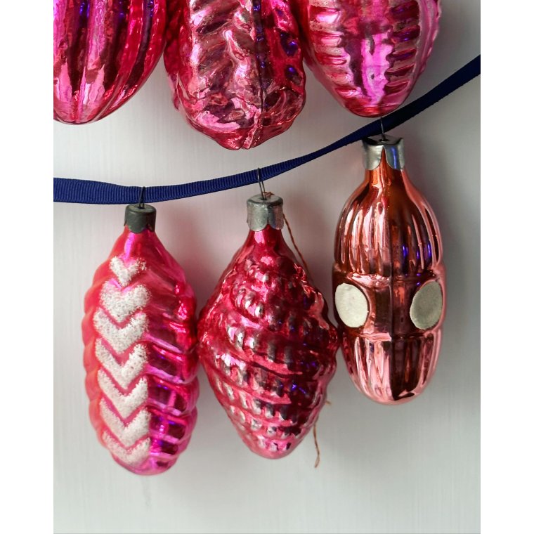 Vintage julekugler, store pink ornamenter, 6 stk samlet