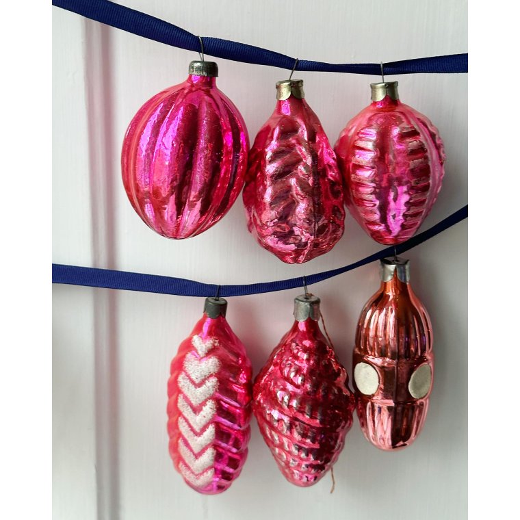 Vintage julekugler, store pink ornamenter, 6 stk samlet