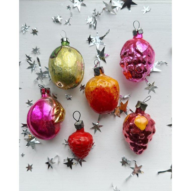 Vintage julekugler, samling frugter, 6 stk samlet