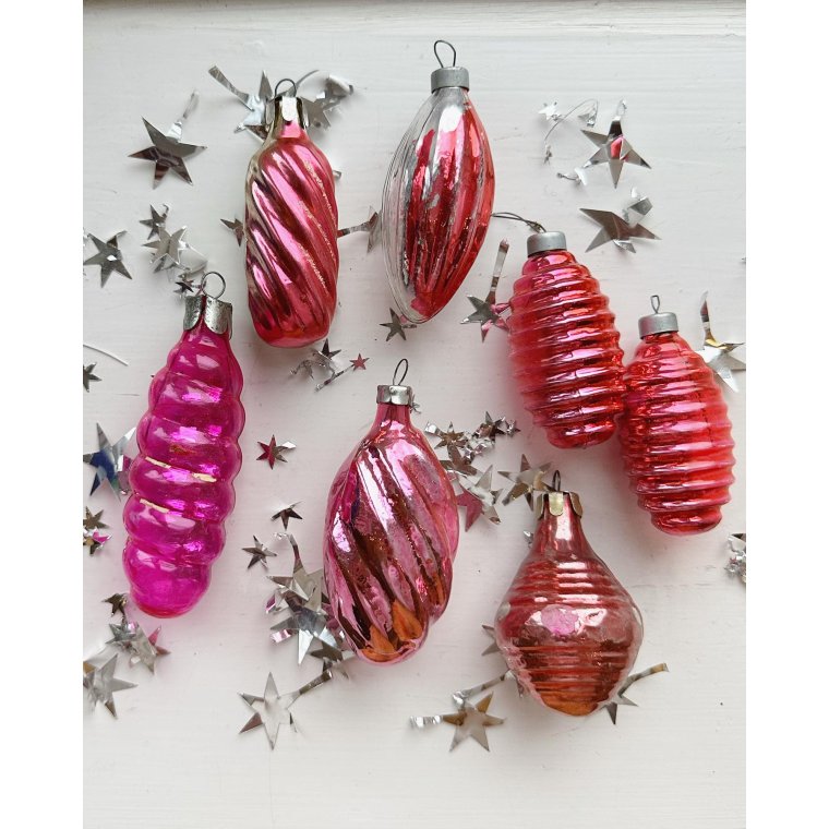 Vintage julekugler, rosa st, 7 stk samlet