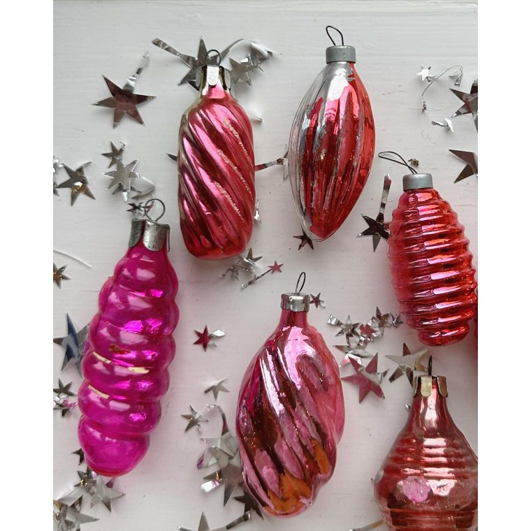 Vintage julekugler, rosa st, 7 stk samlet
