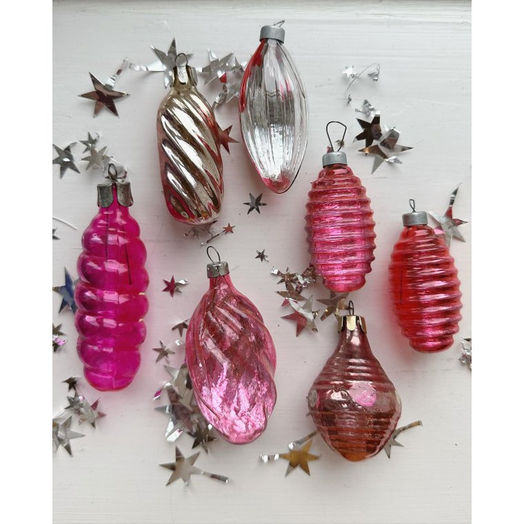 Vintage julekugler, rosa st, 7 stk samlet