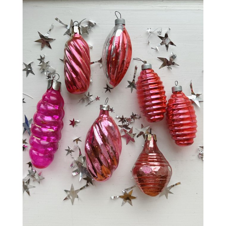 Vintage julekugler, rosa st, 7 stk samlet