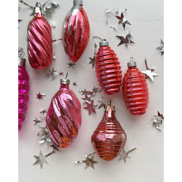 Vintage julekugler, rosa st, 7 stk samlet