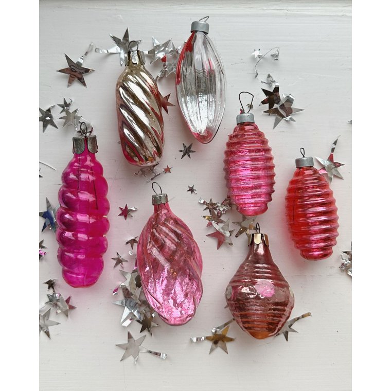 Vintage julekugler, rosa st, 7 stk samlet