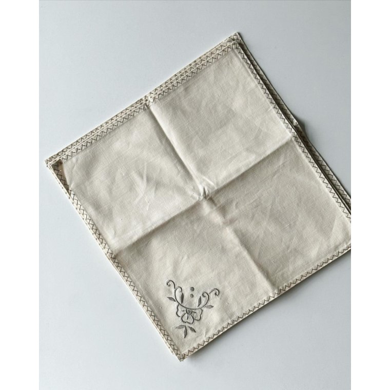 Off white fabric napkins w grey embroidery, 26 x 28 cm, set of 4