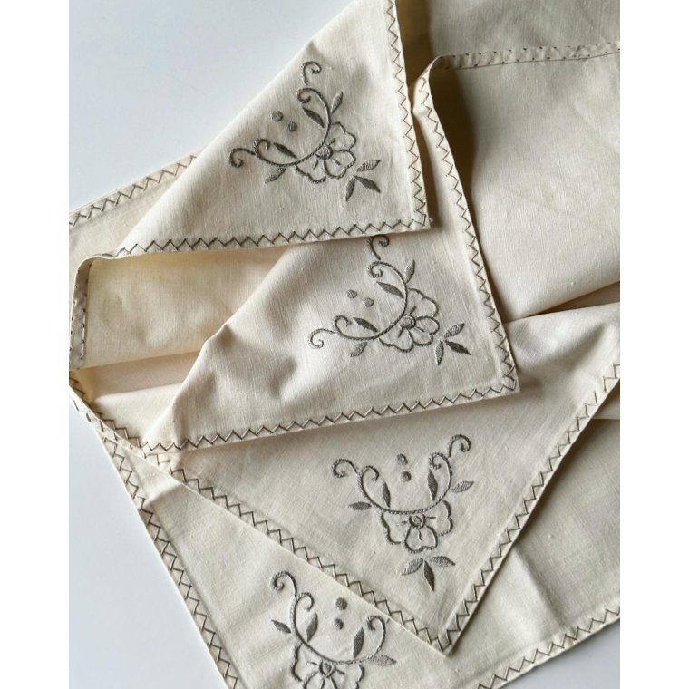 Off white fabric napkins w grey embroidery, 26 x 28 cm, set of 4
