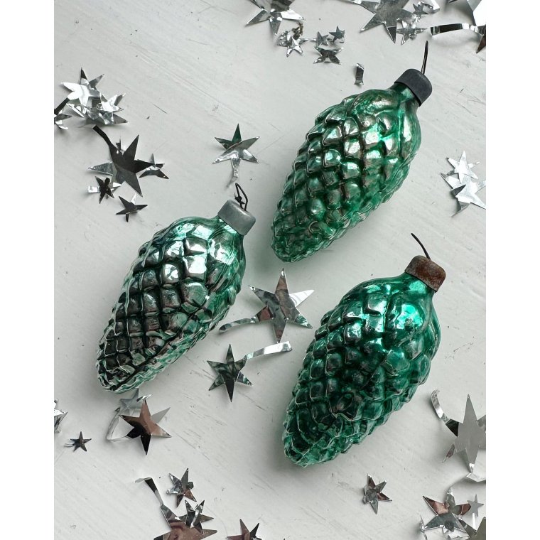 Vintage julekugler, grnne kogler, 3 stk samlet