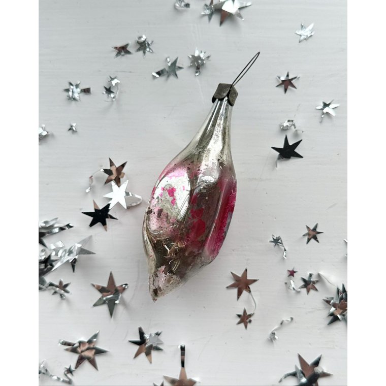 Vintage julekugle, stor slvdrbe m patineret pink