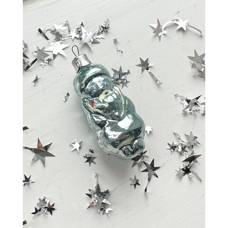 Vintage julekugle, bl julemand m hvid deko