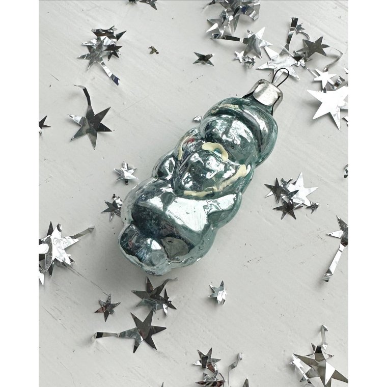 Vintage julekugle, bl julemand m hvid deko