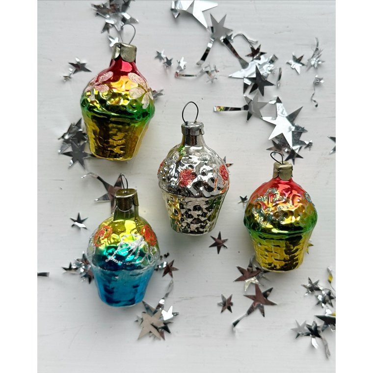 Vintage julekugler, blomsterkurve, 4 stk samlet