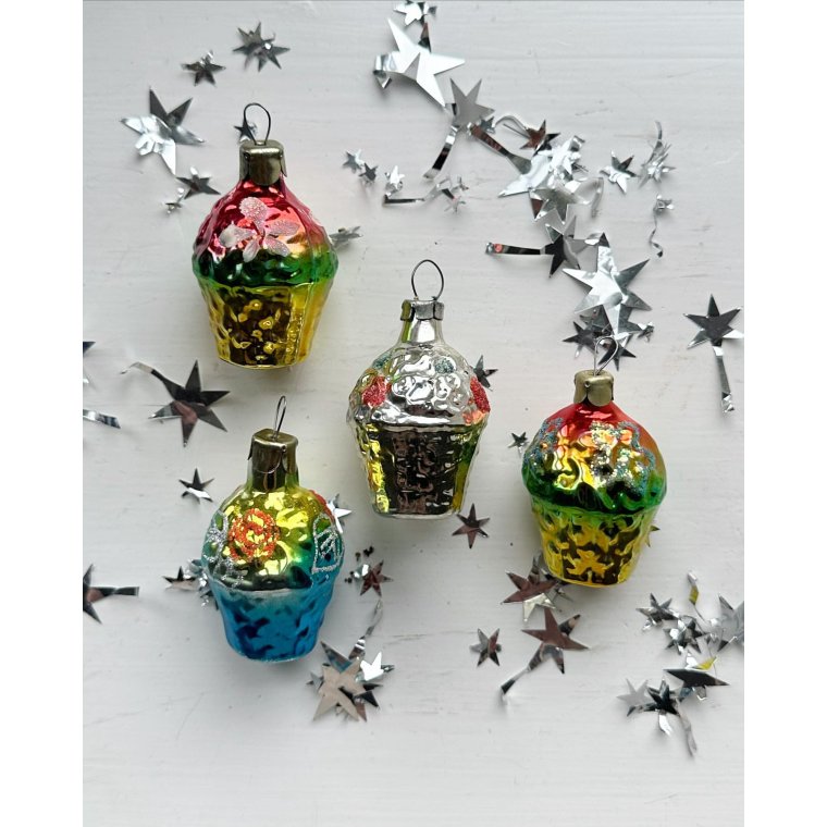 Vintage julekugler, blomsterkurve, 4 stk samlet