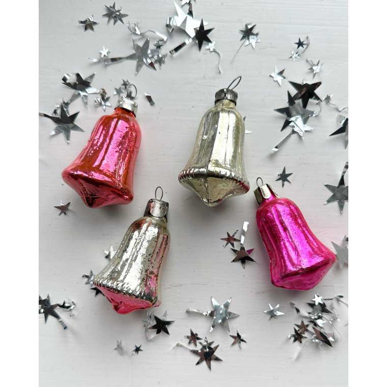 Vintage julekugler, pink/slv klokker, 4 stk samlet