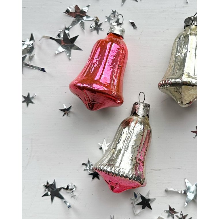 Vintage julekugler, pink/slv klokker, 4 stk samlet