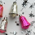 Vintage julekugler, pink/slv klokker, 4 stk samlet