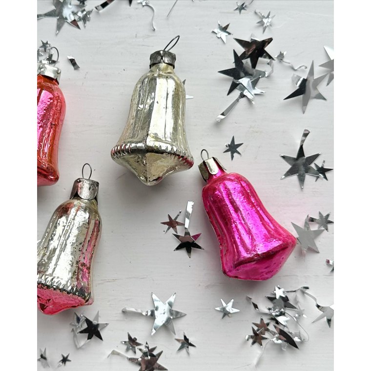 Vintage julekugler, pink/slv klokker, 4 stk samlet