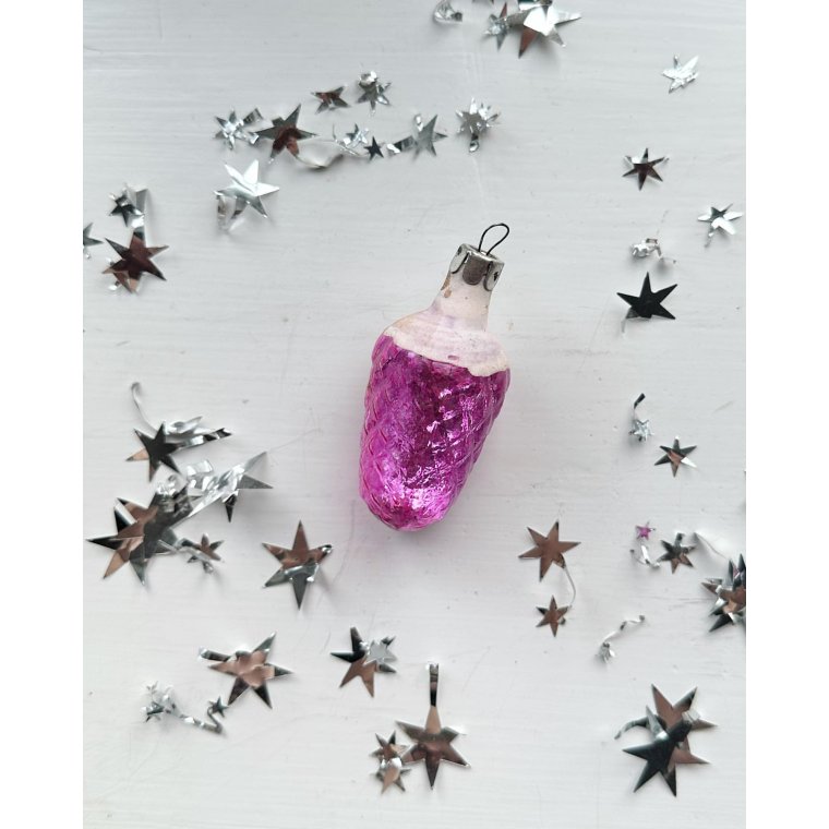 Vintage julekugle, lilla kogle m hvid bemaling