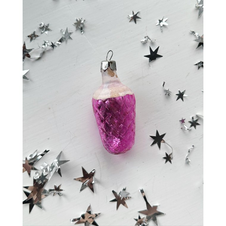 Vintage julekugle, lilla kogle m hvid bemaling