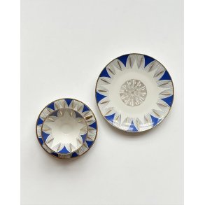 Trio set, big cup with saucer and plate, blue and gold