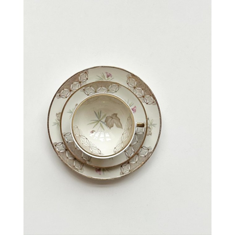 Triost, stor kop m underkop og kagetallerken, blomster og guld