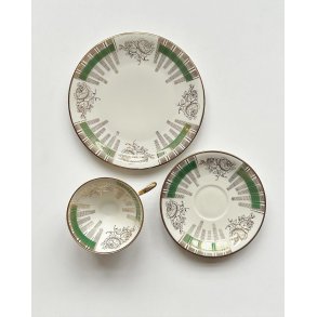 Trio set, big cup with saucer and plate, green and gold