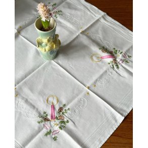 German white cotton tablecloth w candle embroidery, 77 x 72 cm, NB