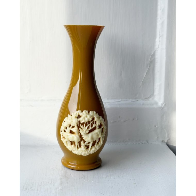 Vase, curry yellow plastic w motif