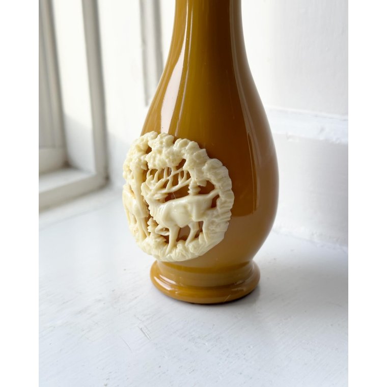 Vase, curry yellow plastic w motif