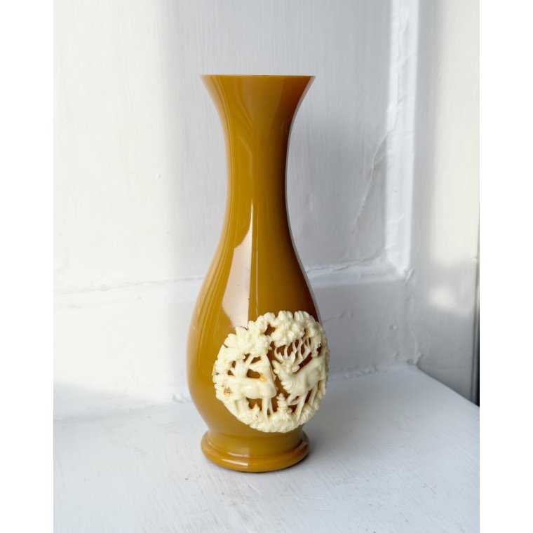 Vase, curry yellow plastic w motif