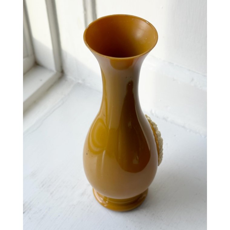 Vase, curry yellow plastic w motif