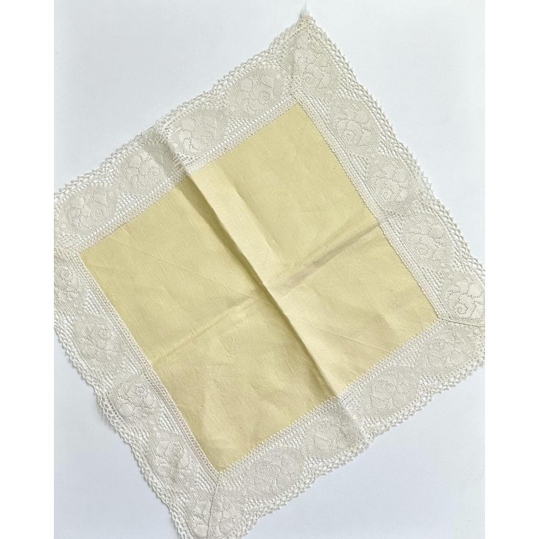 Pastel yellow fabric napkin w crocheted edge