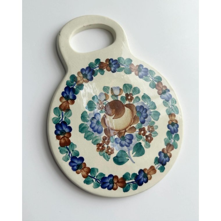 Polish faience coaster, round w handle, brown/blue/green
