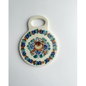 Polish faience coaster, round w handle, brown/blue/green