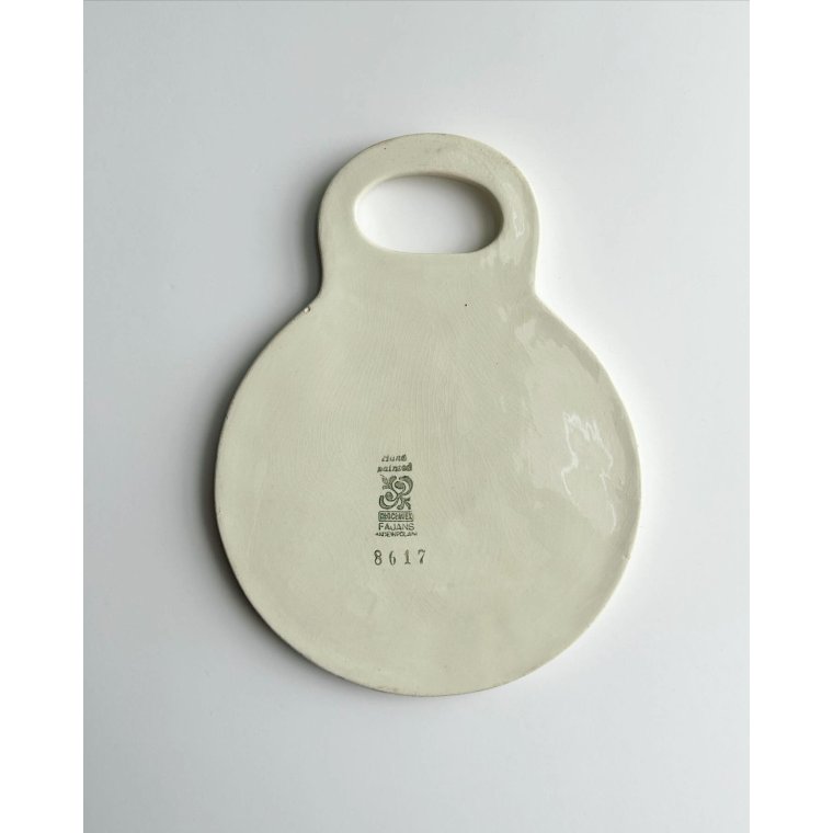 Polish faience coaster, round w handle, brown/blue/green