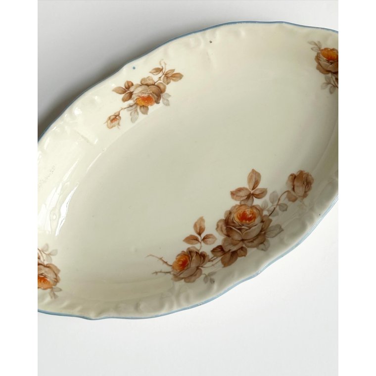 Small dish, off white w orange flowers and brue trim
