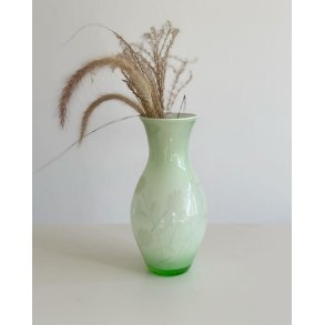 Green and white glass vase w floral decor, NB