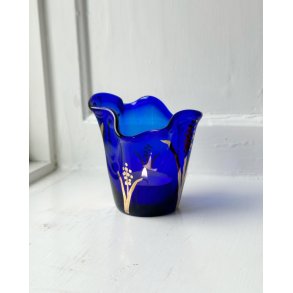 Tealight holder, blue glass w decor, '96