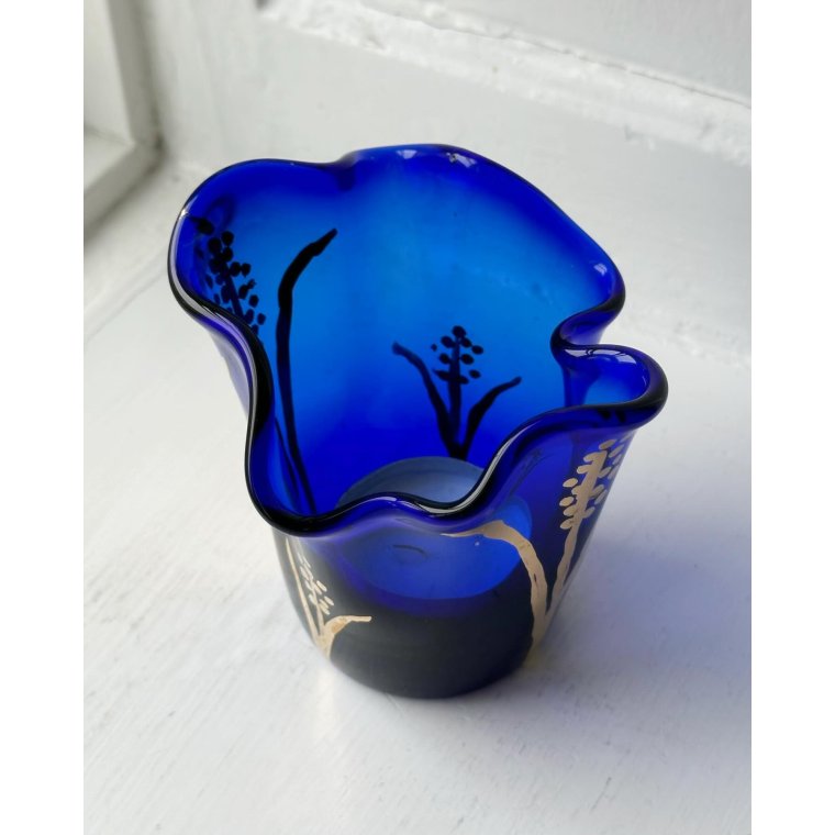 Fyrfadsstage, blt glas m bemaling '96