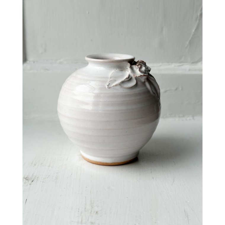 Small white sphere vase w ceramic flowers