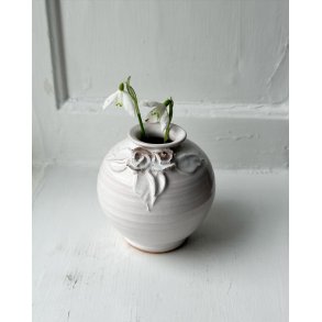 Small white sphere vase w ceramic flowers